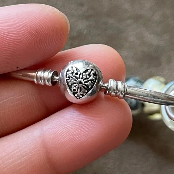 Authentic Pandora Bangle Heart Clasp Bracelet w/ 15 Charms Jewelry